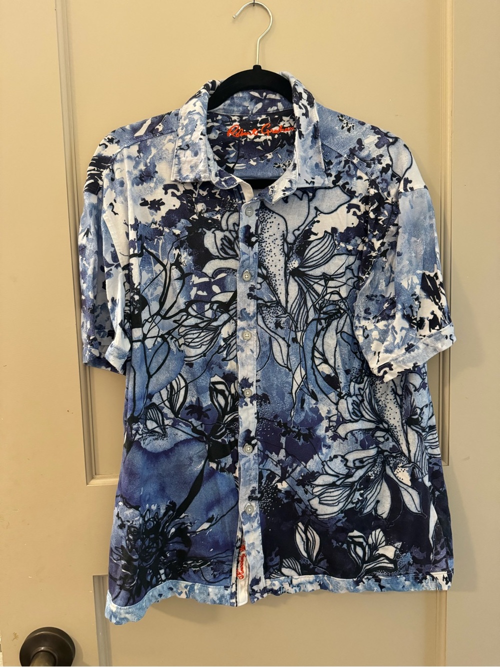 Robert Graham Blue Floral Short-Sleeve Button-Down Shirt Soft Medium